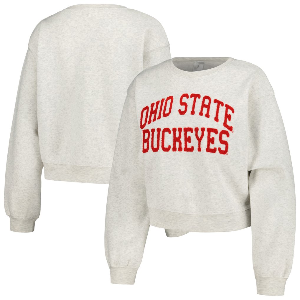 Ohio State Buckeyes ZooZatz Women's Core Chenille Cropped Pullover Sweatshirt - Oatmeal