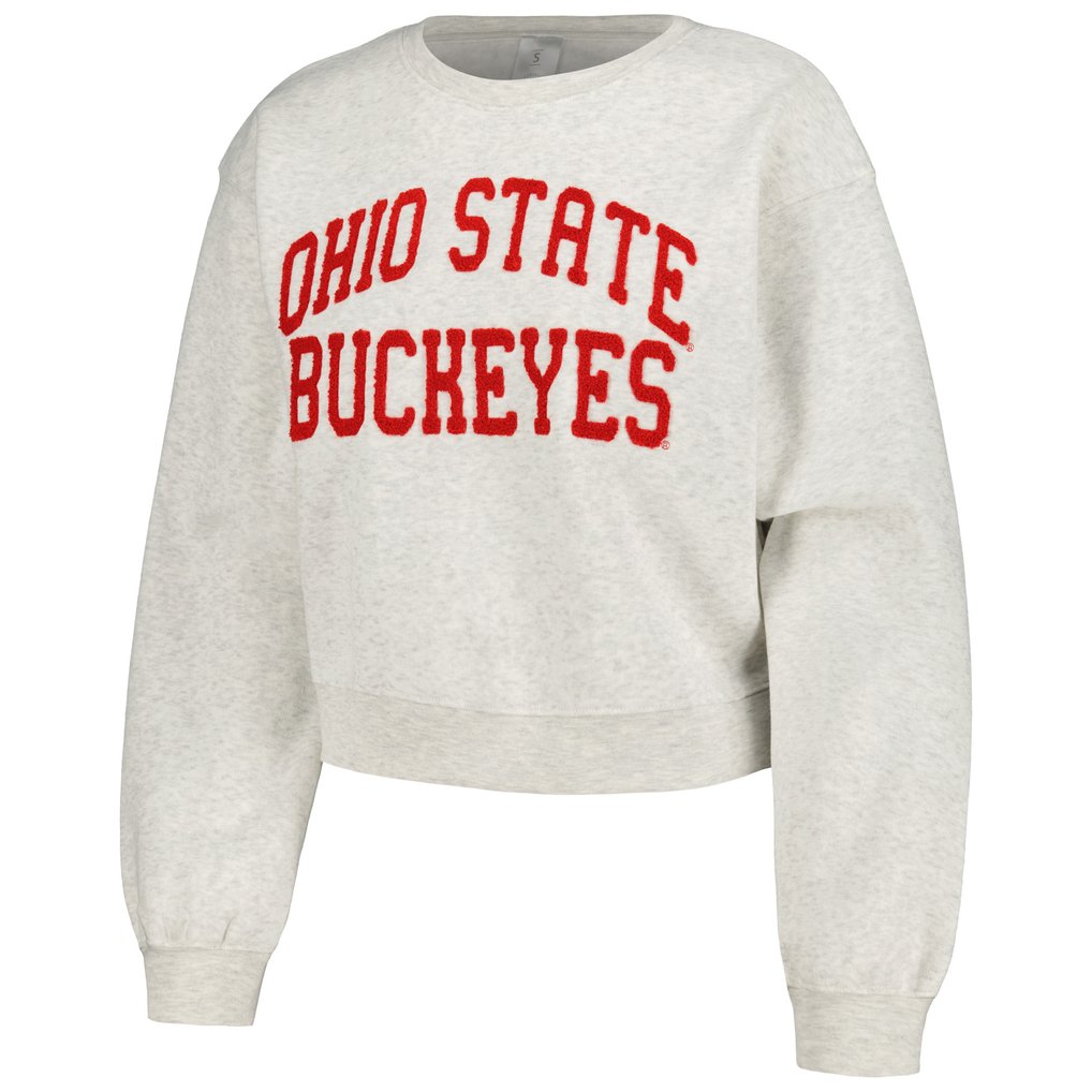 Ohio State Buckeyes ZooZatz Women's Core Chenille Cropped Pullover Sweatshirt - Oatmeal