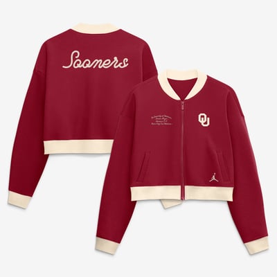 Oklahoma Sooners Nike Women's Oversized Academic Cropped Full-Zip Bomber Jacket - Crimson