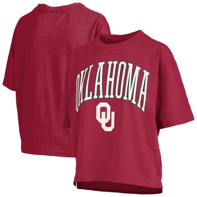 Oklahoma Sooners Pressbox Women's Nelson Arch Over Logo Waist Length Oversized Slub T-Shirt - Crimson