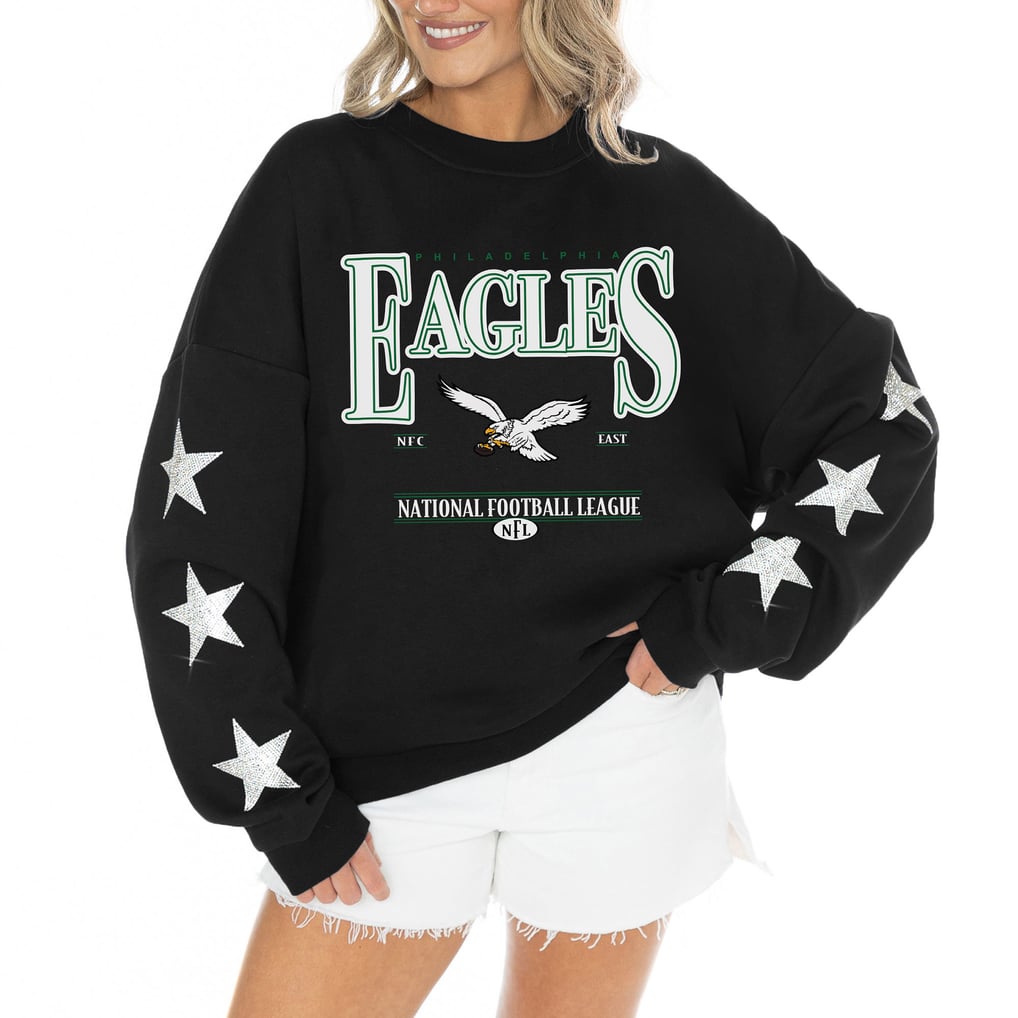 Philadelphia Eagles Gameday Couture Women's Rhinestone Star Sleeve Settle the Score Oversized Tri-Blend Pullover  - Black