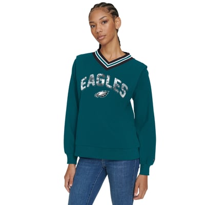 Philadelphia Eagles Tommy Hilfiger Women's Alice V-Neck Pullover Sweatshirt - Midnight Green