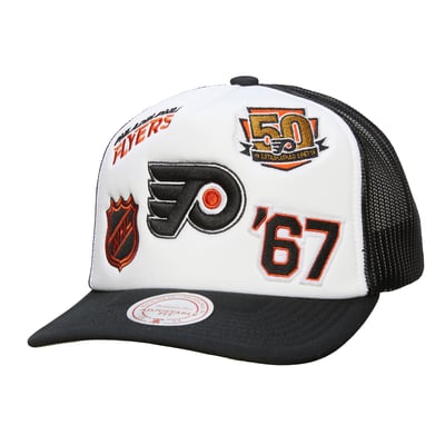 Philadelphia Flyers Mitchell & Ness Gridlock Trucker Adjustable Hat - White/Black