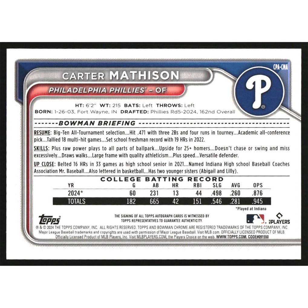 2024 Bowman Chrome Autographs Gold Wave Refractor Carter Mathison RC Auto /50