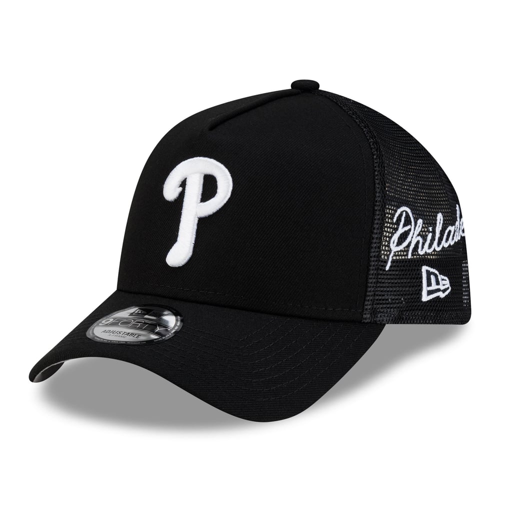 Philadelphia Phillies New Era Side Script 9FORTY A-Frame Trucker Adjustable Hat - Black
