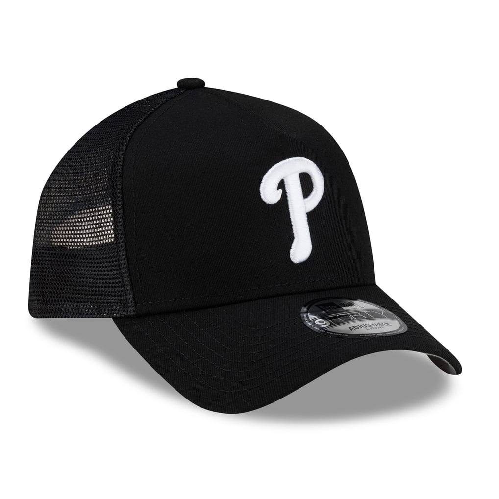 Philadelphia Phillies New Era Side Script 9FORTY A-Frame Trucker Adjustable Hat - Black