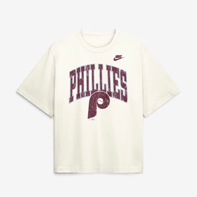  Philadelphia Phillies Nike Women's Arched Distressed Boxy T-Shirt - Cream