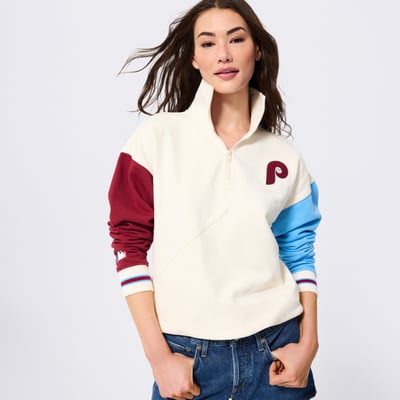  Philadelphia Phillies Terez Women's Colorblock Quarter-Zip Pullover - Cream