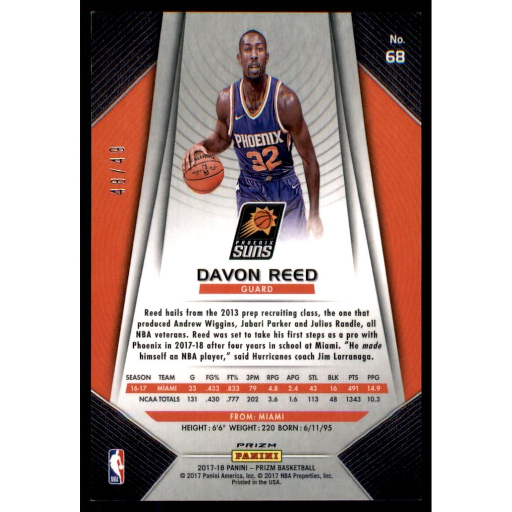 2017-18 Panini Prizm Prizms Orange #68 Davon Reed