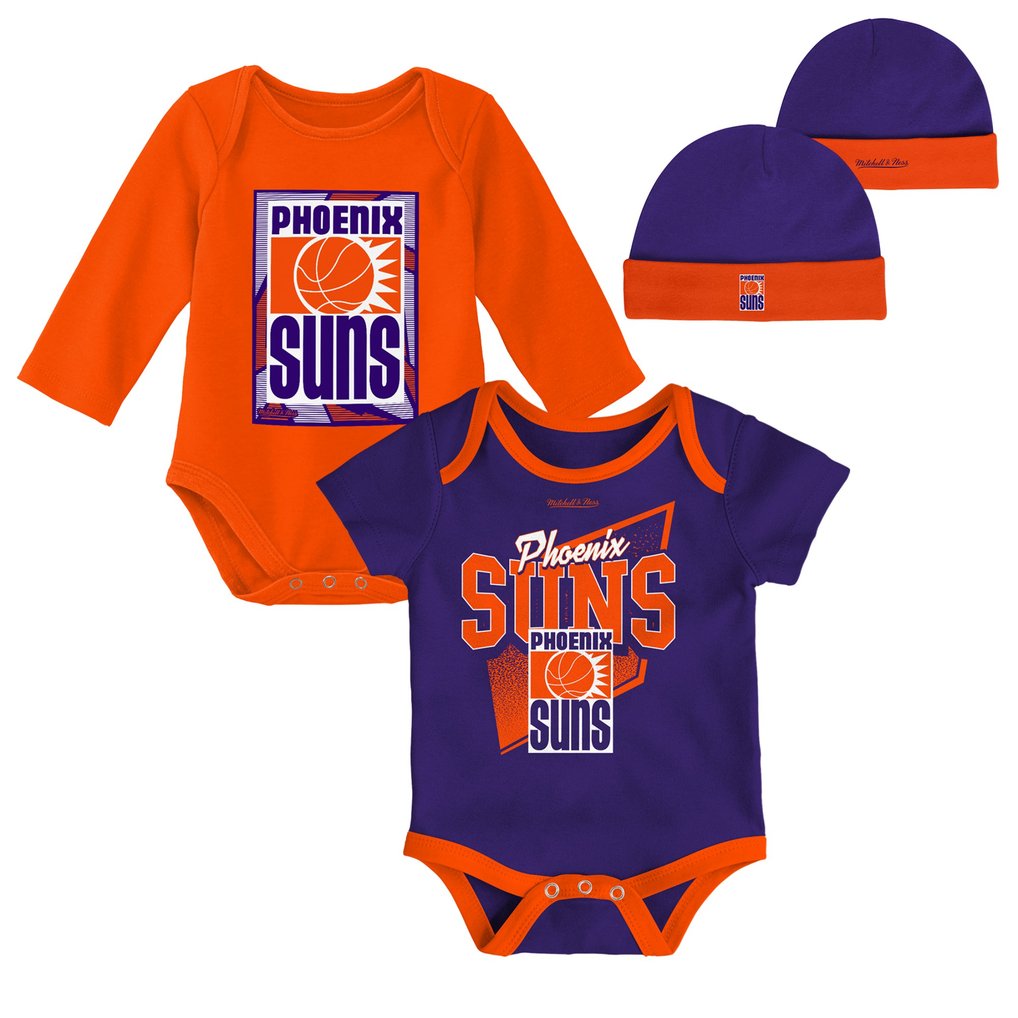 Phoenix Suns Mitchell & Ness Infant Hardwood Classics Bodysuits & Cuffed Knit Hat Set - Blue/Orange