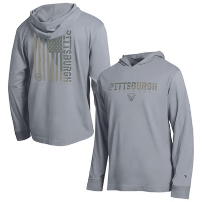 Pitt Panthers Champion Operation Hat Trick Flag Hooded Long Sleeve T-Shirt - Gray
