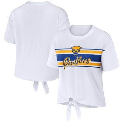 Pitt Panthers WEAR by Erin Andrews Women's Striped Front Knot Cropped T-Shirt - White