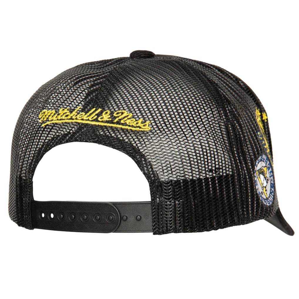  Pittsburgh Penguins Mitchell & Ness Times Up Classic Script Cord Trucker Adjustable Hat - Black