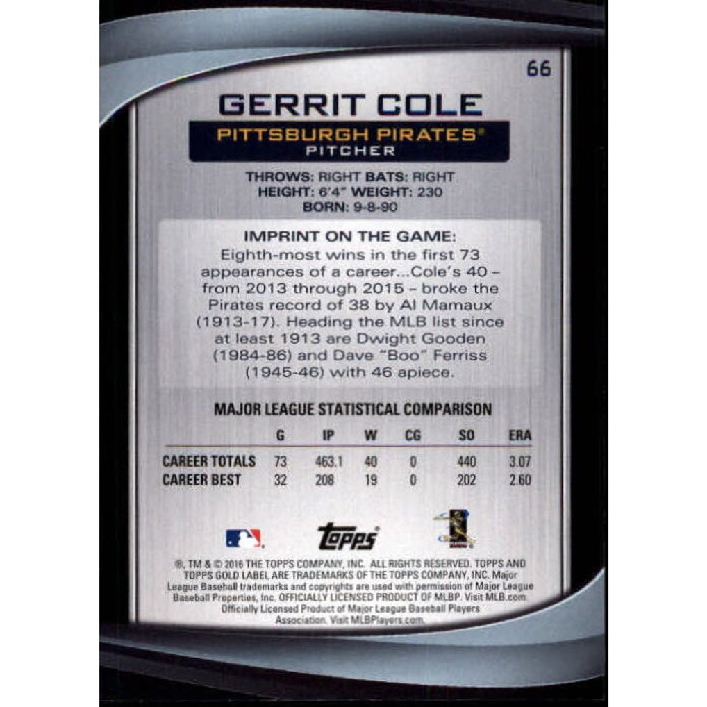 2016 Topps Gold Label Class 2 Red #66 Gerrit Cole