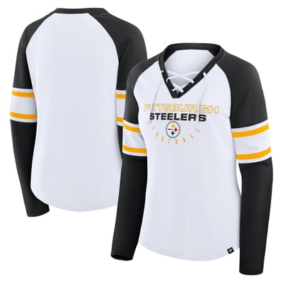 Pittsburgh Steelers Fanatics Women's Redzone Blitz Package Raglan Lace-Up V-Neck Long Sleeve T-Shirt - White/Black
