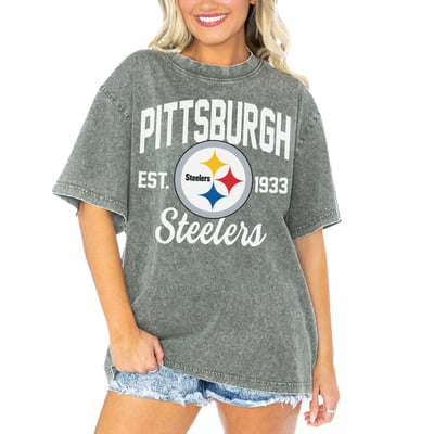  Pittsburgh Steelers Gameday Couture Women's Tackle Titan Boyfriend Washed T-Shirt - Gray
