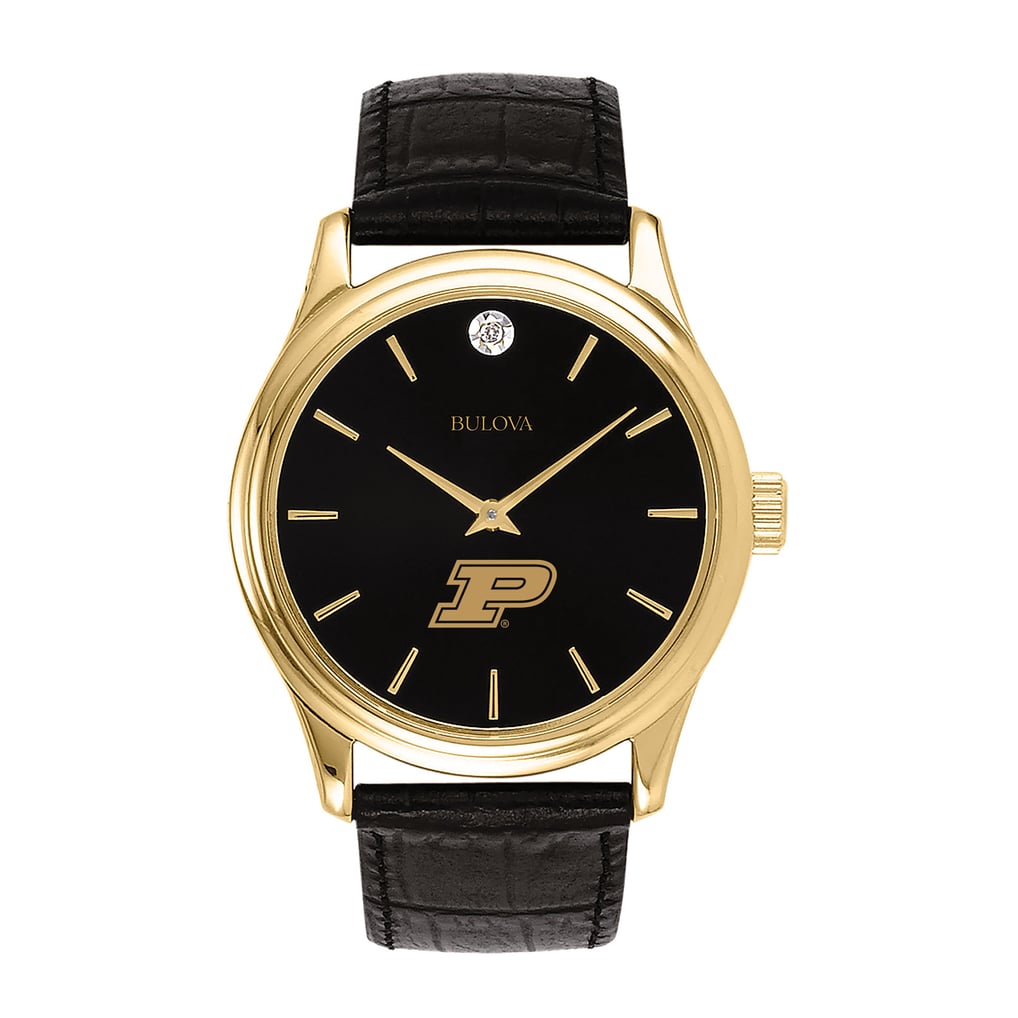 Purdue Boilermakers Bulova Leather Strap Watch with Diamond Black Dial - Gold