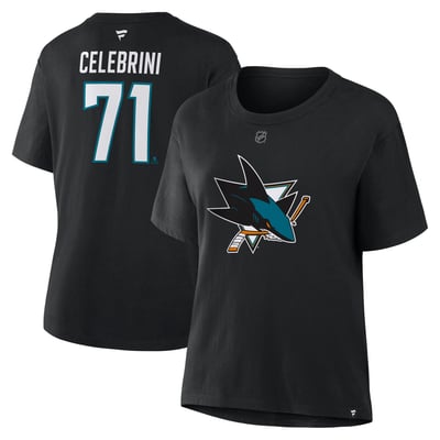 Macklin Celebrini San Jose Sharks Fanatics Women's Authentic Stack Name & Number T-Shirt - Black
