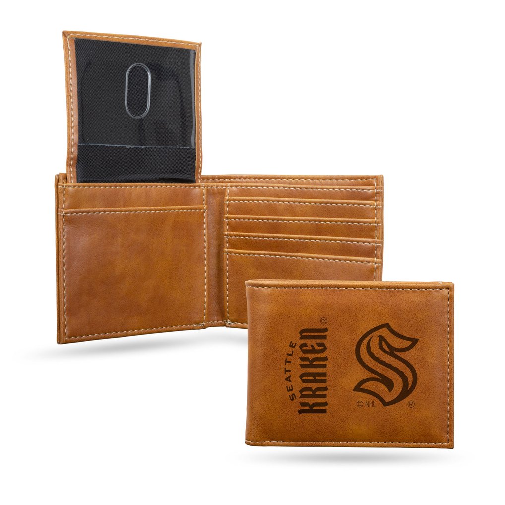 Seattle Kraken Laser Engraved Billfold Wallet - Brown