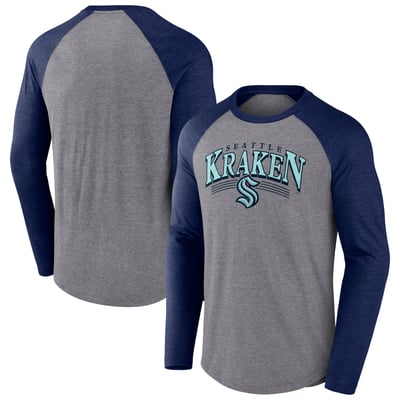 Seattle Kraken Fanatics Goal Crease Raglan Tri-Blend Long Sleeve T-Shirt - Heather Gray/Heather Deep Sea Blue