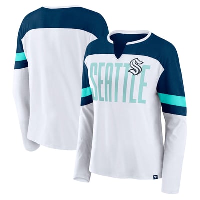 Seattle Kraken Fanatics Women's Frozen Long Sleeve Notch Neck T-Shirt - White/Deep Sea Blue