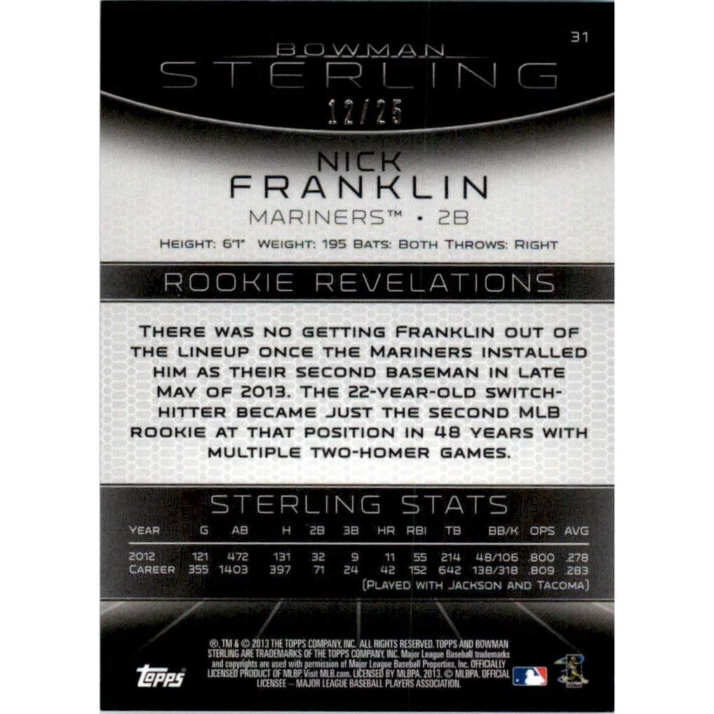 2013 Bowman Sterling Blue Refractors #31 Nick Franklin