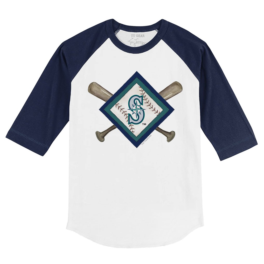 Seattle Mariners Tiny Turnip Infant Diamond Cross Bats Raglan 3/4 Sleeve T-Shirt - White/Navy