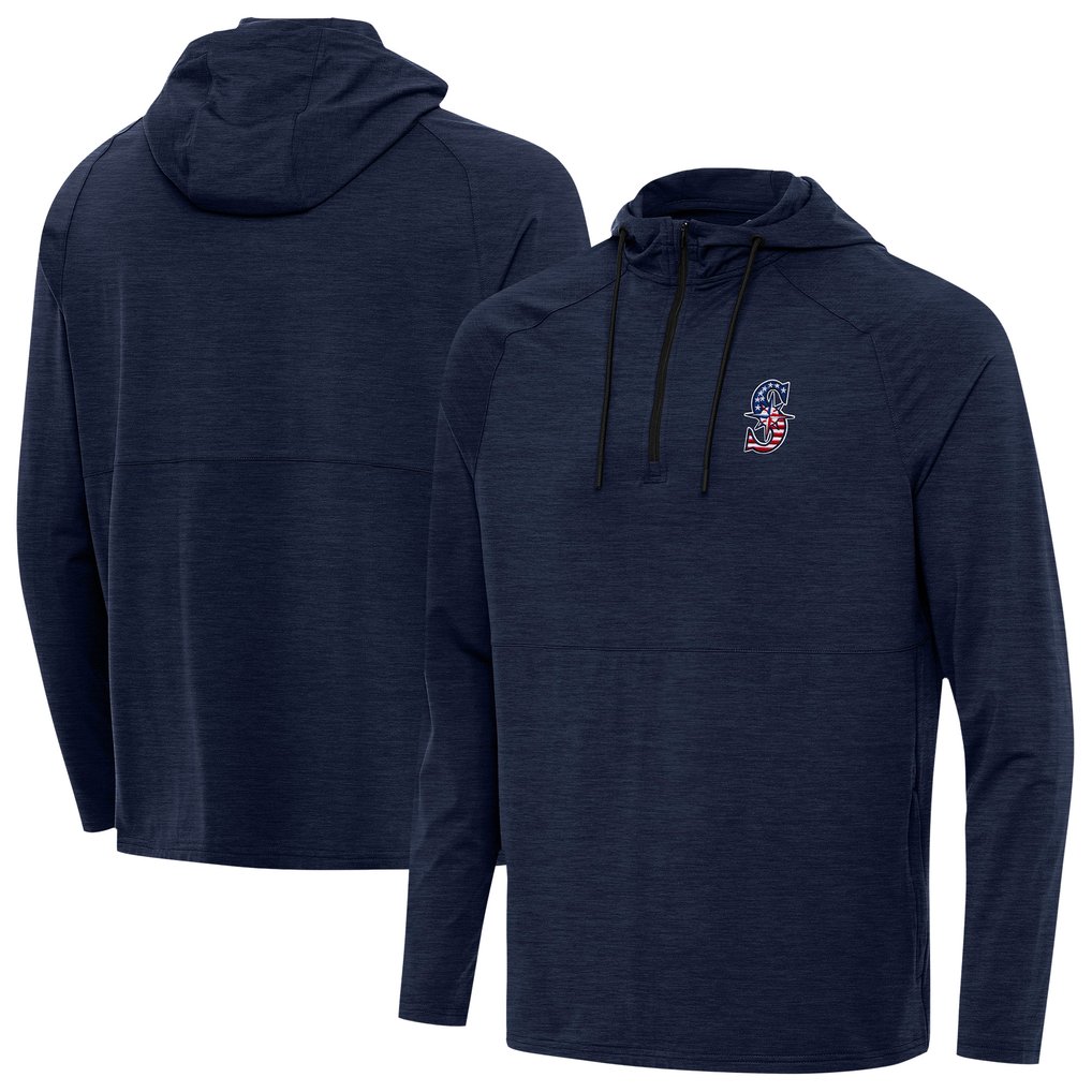 Seattle Mariners Antigua Spikes Stars and Stripes Team Logo Quarter-Zip Pullover Hoodie - Heather Navy
