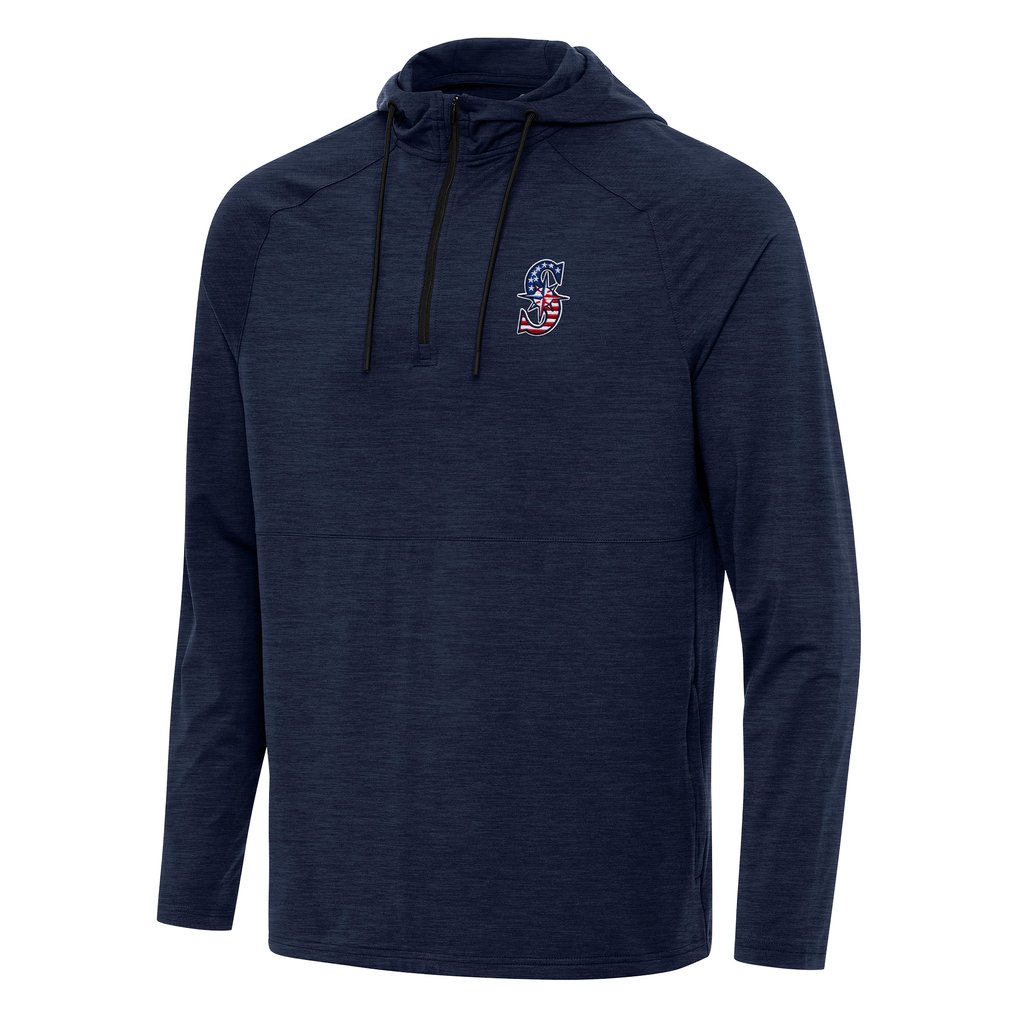 Seattle Mariners Antigua Spikes Stars and Stripes Team Logo Quarter-Zip Pullover Hoodie - Heather Navy
