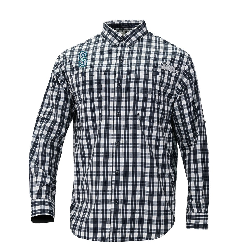  Seattle Mariners Columbia Super Tamiami Omni-Shade Long Sleeve Button-Down Shirt - Navy
