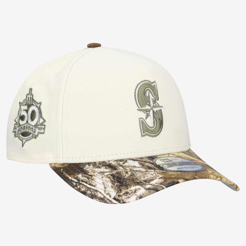 Seattle Mariners New Era 9FORTY A-Frame Adjustable Hat - Cream/Realtree Camo
