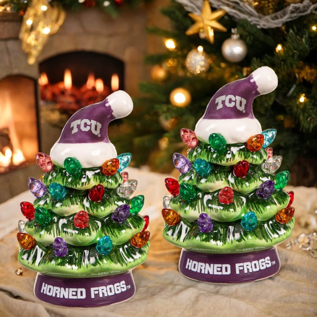 TCU Horned Frogs 2-Pack 4" Ceramic LED Christmas Tree Set