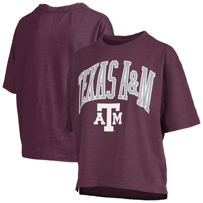 Texas A&M Aggies Pressbox Women's Nelson Arch Over Logo Waist Length Oversized Slub T-Shirt - Maroon