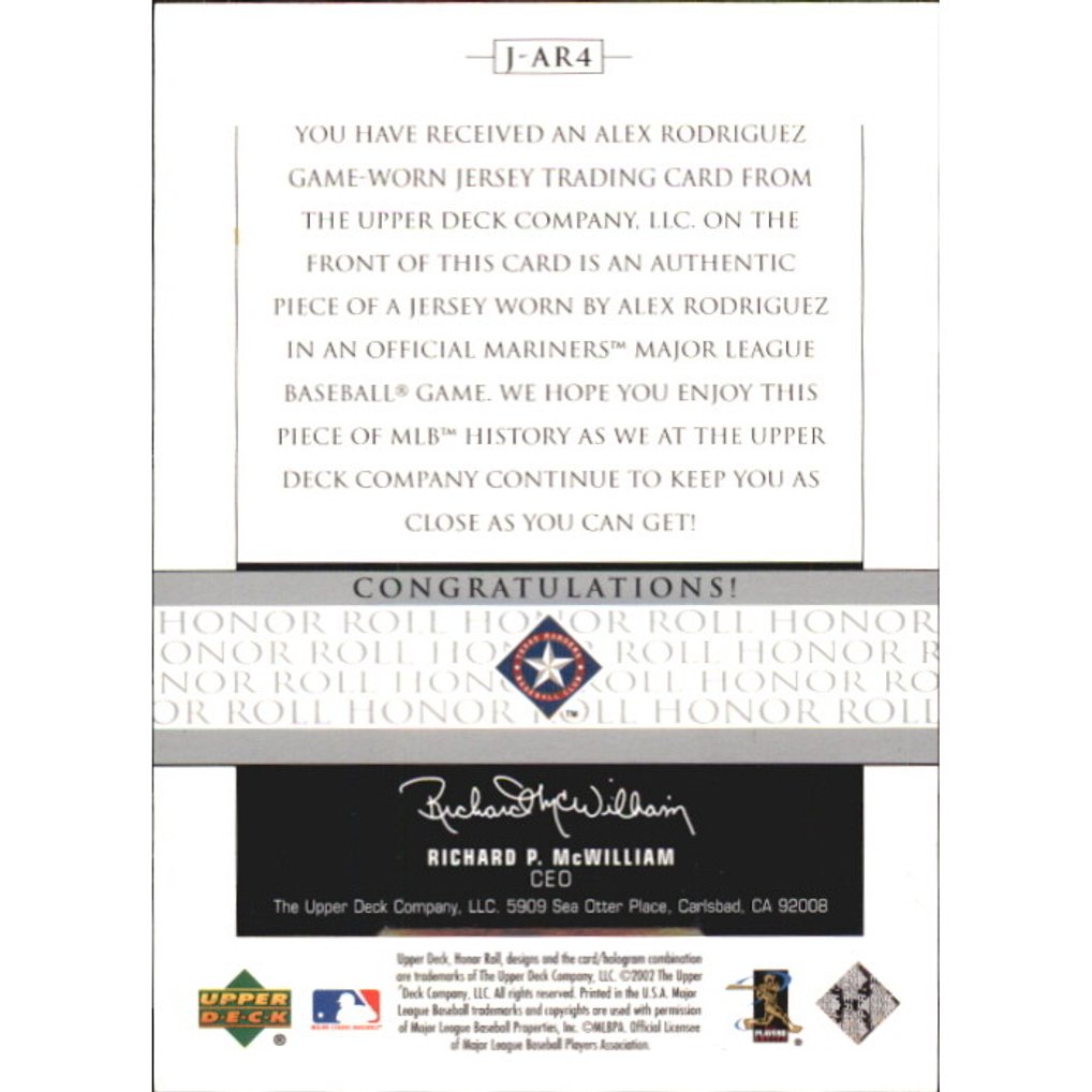 2002 Upper Deck Honor Roll Game Jersey #JAR4 Alex Rodriguez No Hat