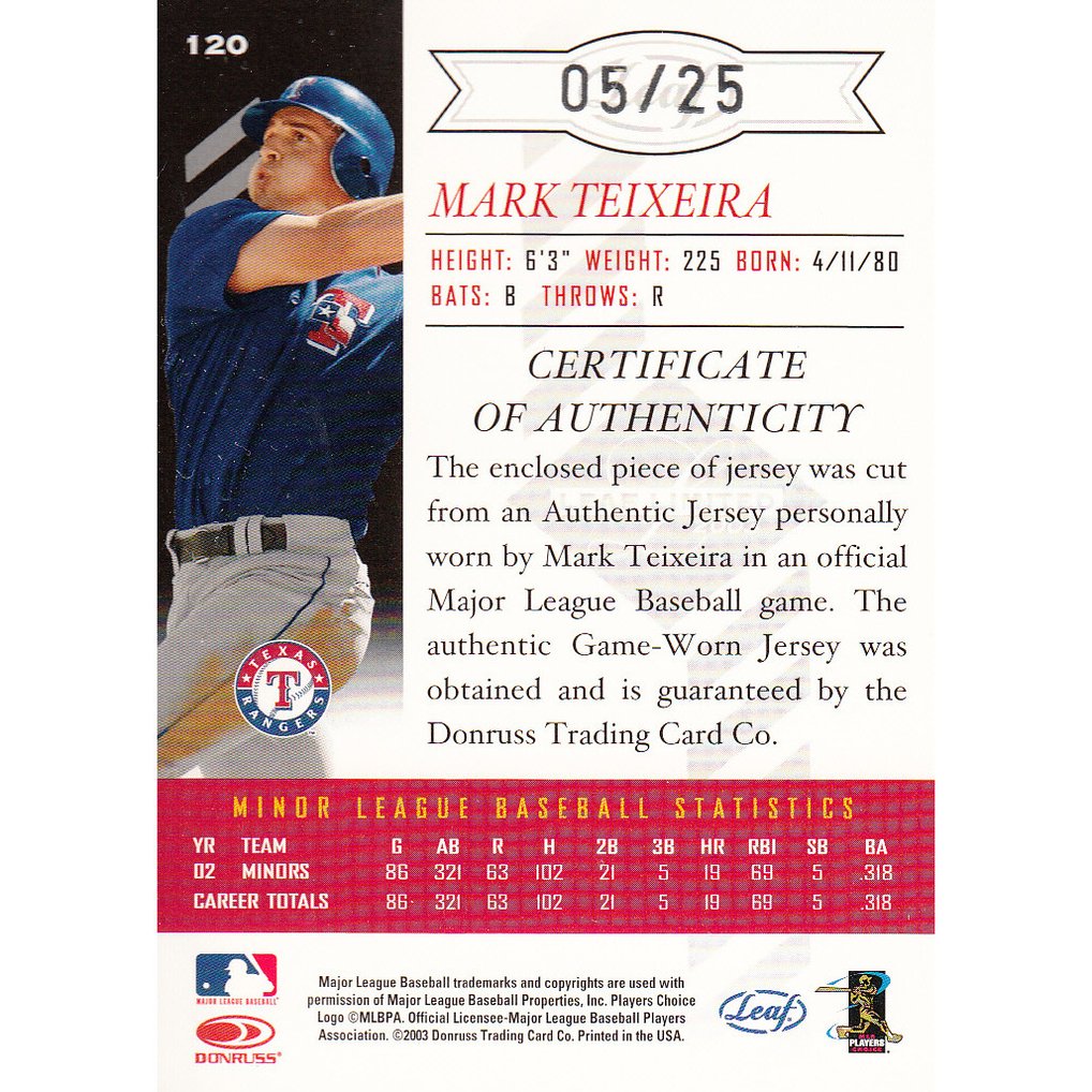 2003 Leaf Limited Threads Position #120 Mark Teixeira H