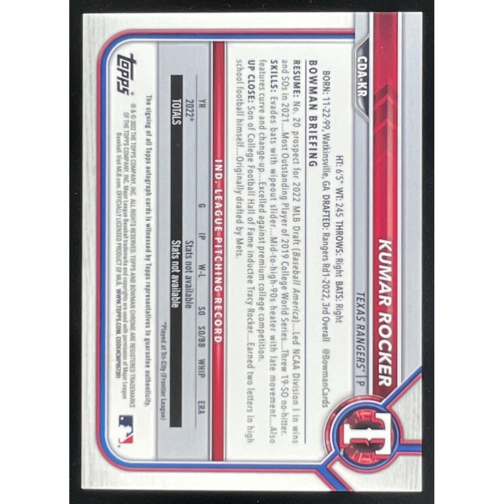 2022 Bowman Draft Chrome Pick Blue Wave #CDA-KR Kumar Rocker RC Auto /150