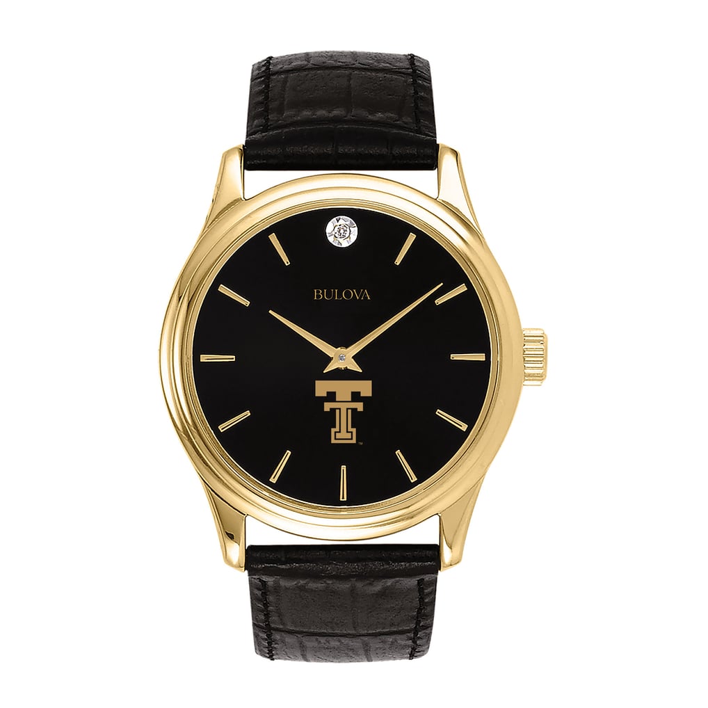 Texas Tech Red Raiders Bulova Leather Strap Watch with Diamond Black Dial - Gold