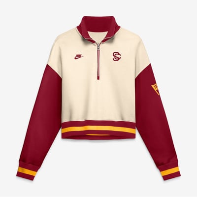 USC Trojans Nike Women's Oversized Legacy Color Block Cropped Quarter-Zip Pullover - Natural/Cardinal