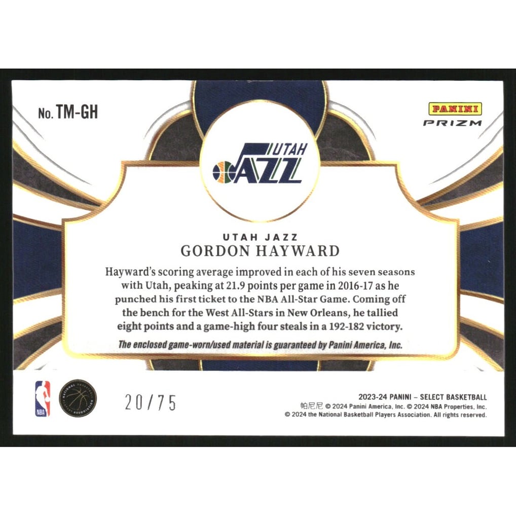 2023-24 Select Throwback Memorabilia Blue Prizms #9 Gordon Hayward