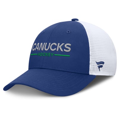 Vancouver Canucks Fanatics Authentic Pro Rink Lockup Adjustable Trucker Hat - Blue/White