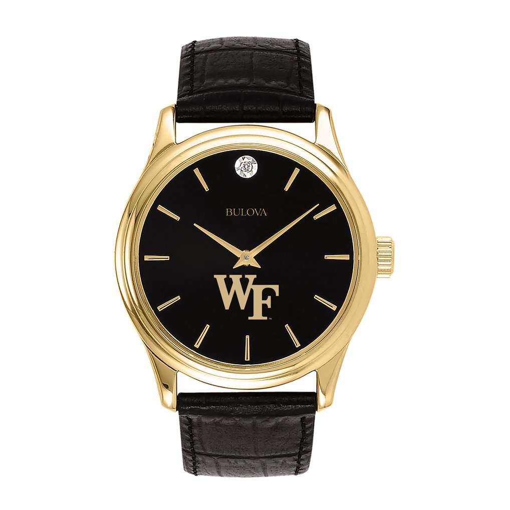 Wake Forest Demon Deacons Bulova Leather Strap Watch with Diamond Black Dial - Gold