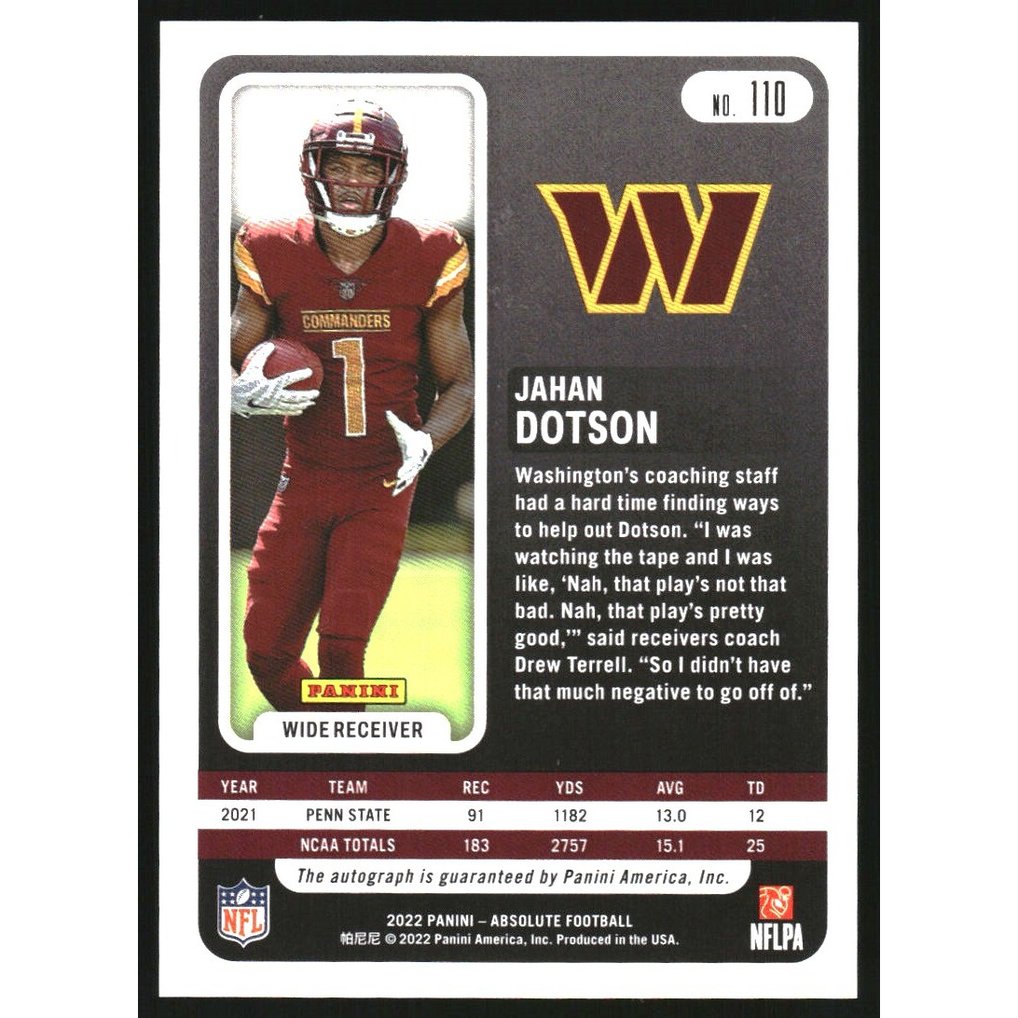 2022 Absolute Signature Rookies Red Squares #110 Jahan Dotson
