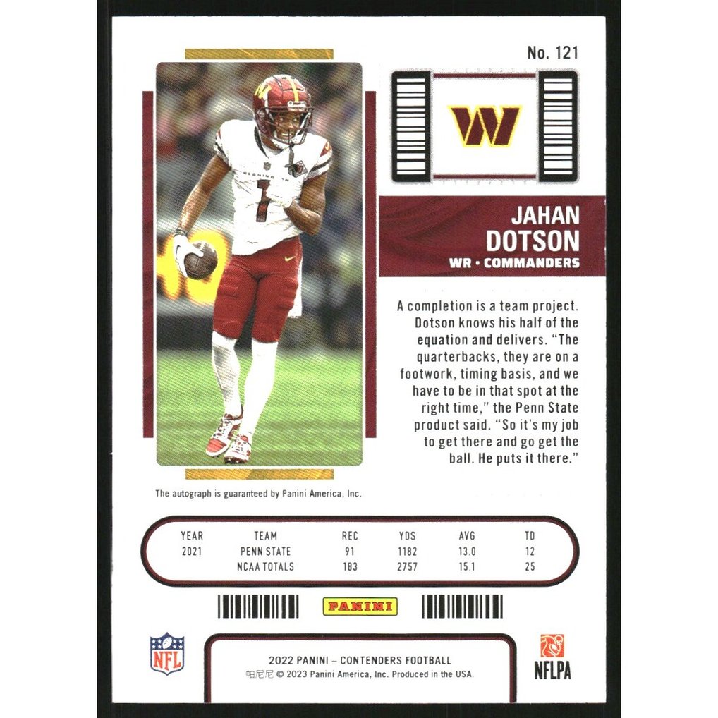 2022 Panini Contenders #121A Jahan Dotson AU RC
