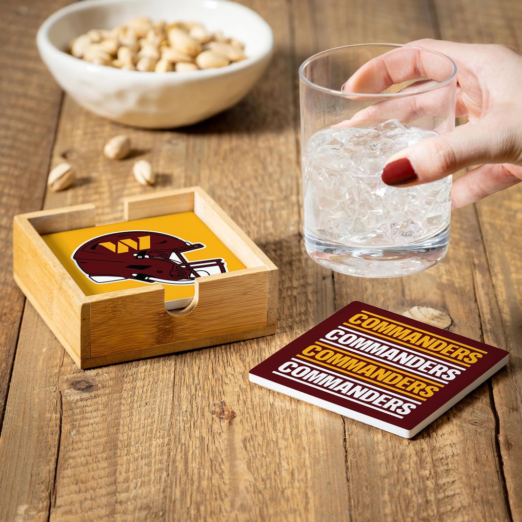 Washington Commanders Four-Piece Ceramic Coaster Set with Wood Caddy