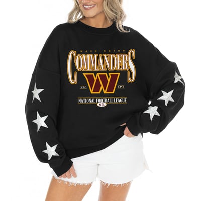 Washington Commanders Gameday Couture Women's Rhinestone Star Sleeve Settle the Score Oversized Tri-Blend Pullover  - Black