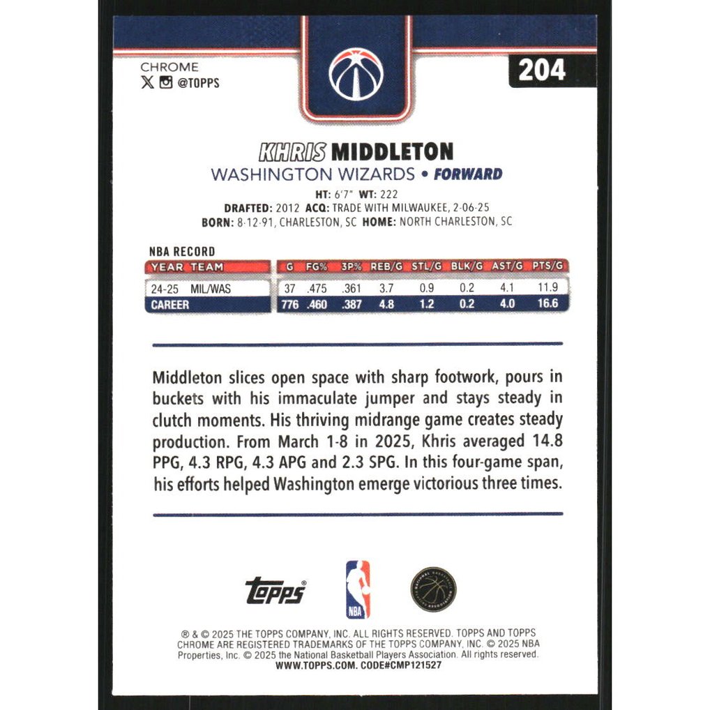 2025-26 Topps Chrome RayWave Green Refractors #204 Khris Middleton