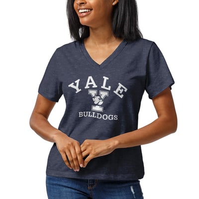 Yale Bulldogs League Collegiate Wear Women's Wordmark Intramural Boyfriend V-Neck T-Shirt - Heathered Navy